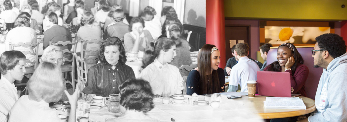 Cabrini students dining, then and now