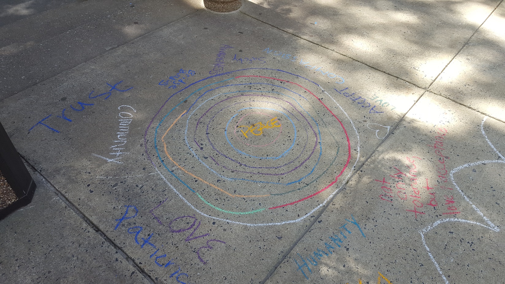 Sidewalk chalk art showing colorful circles around the word 
