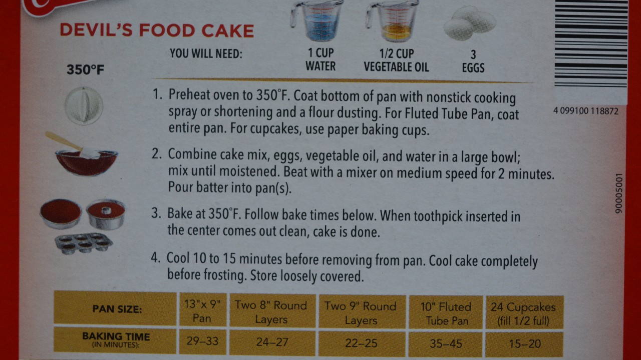Devil's food cake baking directions