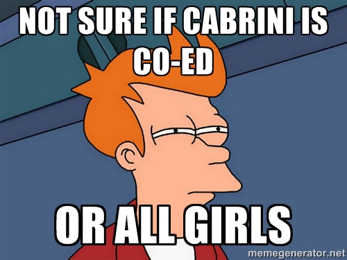 Not sure if Cabrini is co-ed or all girls (Futurama Fry not sure meme)
