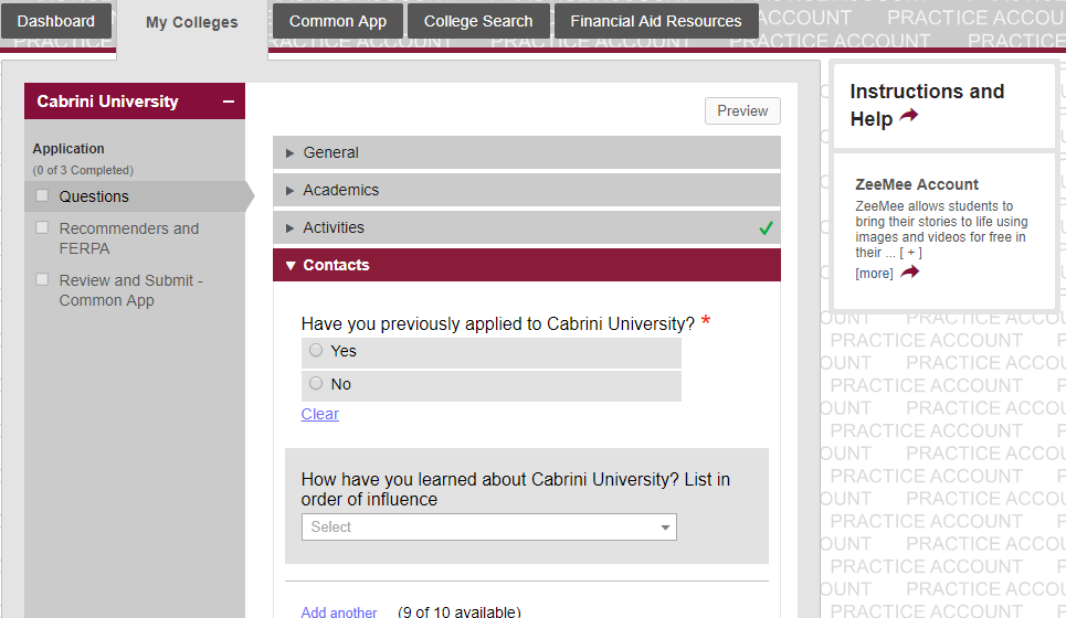My Colleges in Common App