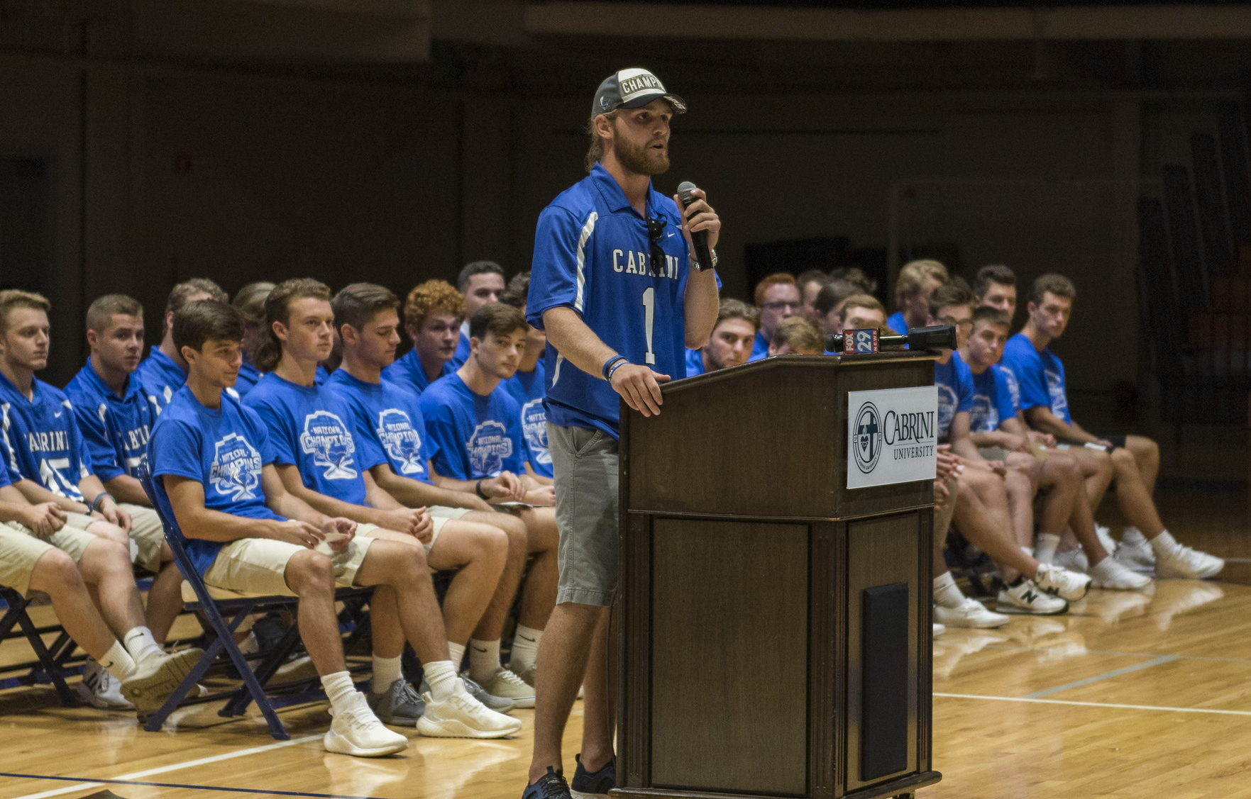 Mens Lacrosse player Jordan Krug speaks at campus celebration